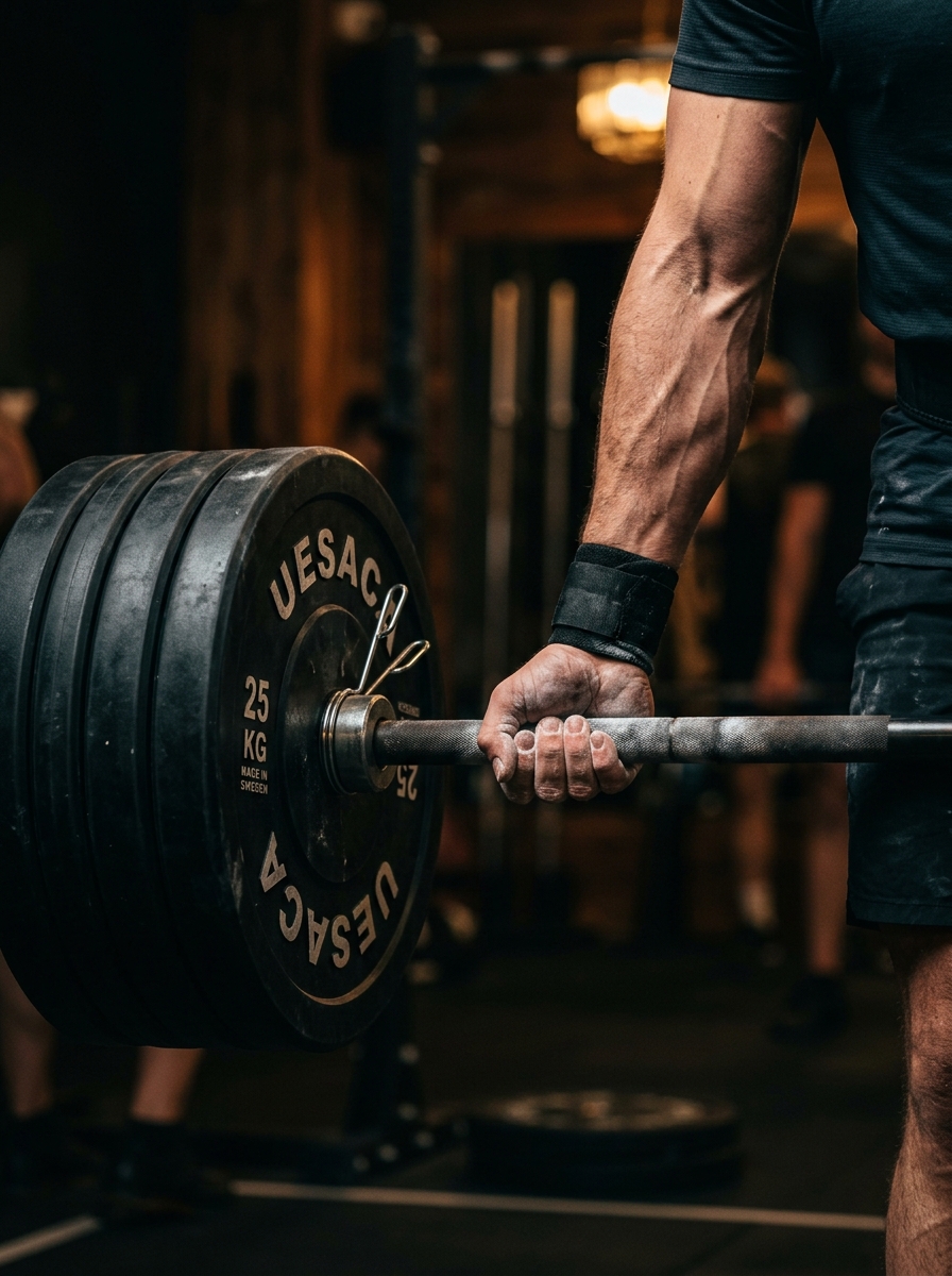 Chalked hand gripping knurled Olympic barbell with black bumper plates