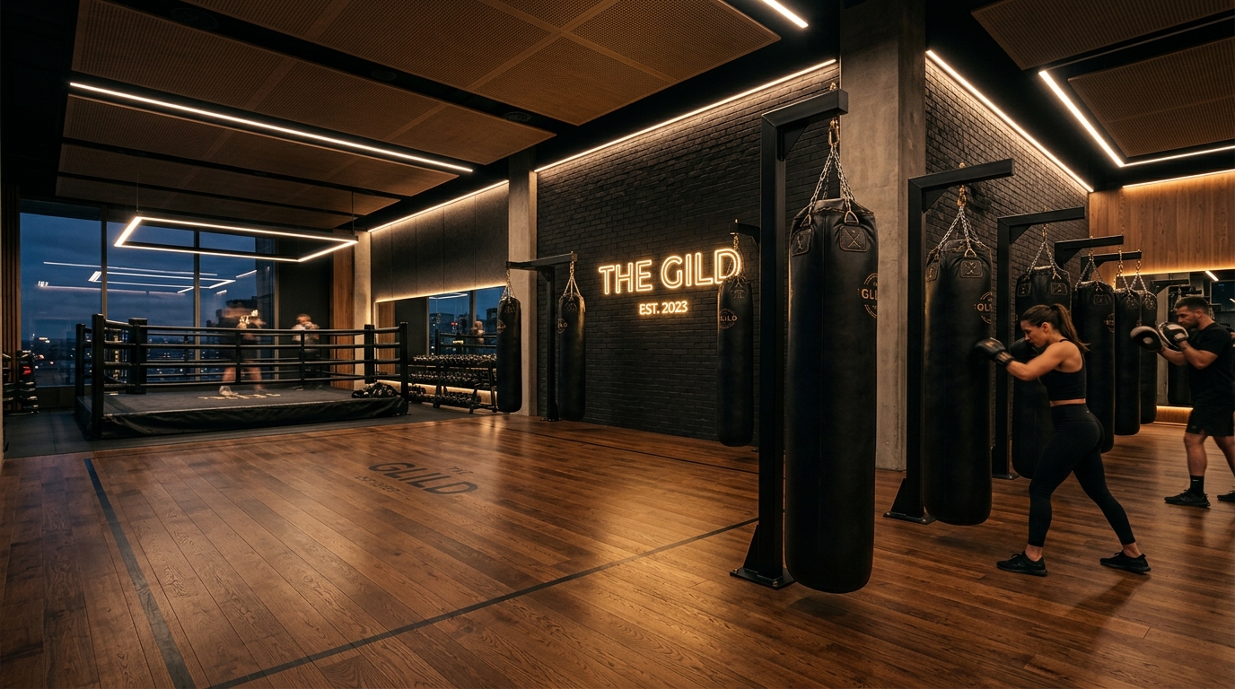 Boutique boxing studio with heavy bags and spotlight