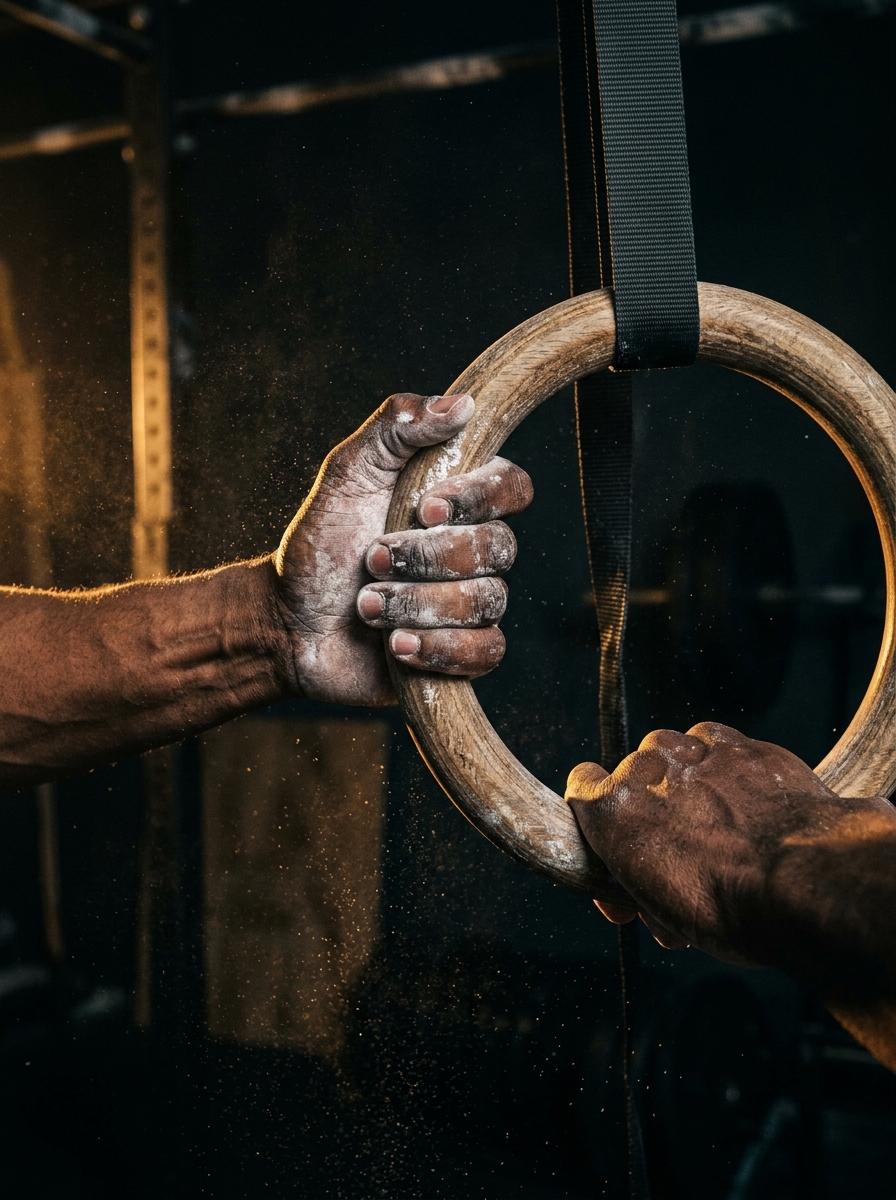 Chalk-dusted hands gripping wooden gymnastic rings in moody golden rim lighting