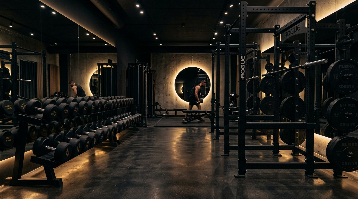 Olympic barbell and strength floor with athlete in cinematic obsidian lighting